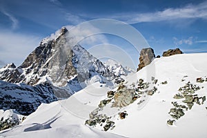 view of Matterhorn peak against blue sky Swiss Alps