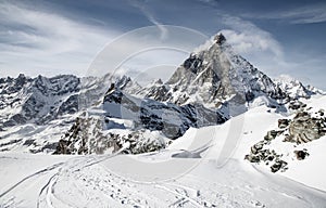 view of Matterhorn peak against blue sky Swiss Alps