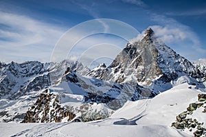 view of Matterhorn peak against blue sky Swiss Alps