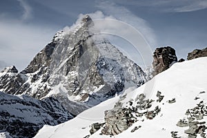 view of Matterhorn peak against blue sky Swiss Alps