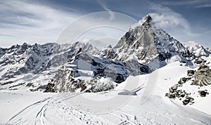 view of Matterhorn peak against blue sky Swiss Alps