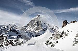 view of Matterhorn peak against blue sky Swiss Alps