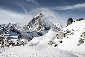 view of Matterhorn peak against blue sky Swiss Alps