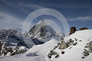 view of Matterhorn peak against blue sky Swiss Alps