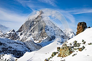 view of Matterhorn peak against blue sky Swiss Alps