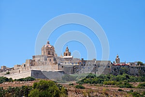 View of Mdina's St. Paul's Cathedral from the countryside below,