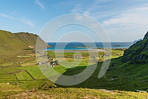 View of meadows in Ryten, Fredvang, Lofoten Islands, Norway