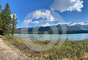 The view from the Medicine Lake Lookout in Jasper Narional Park along the Maligne Lake Road photo