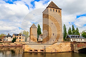 View on medieval bridge Ponts Couverts over the River Ill in Strasbourg, Alsace, France