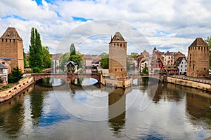 View on medieval bridge Ponts Couverts over the River Ill in Strasbourg, Alsace, France