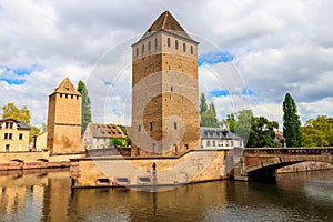 View on medieval bridge Ponts Couverts over the River Ill in Strasbourg, Alsace, France