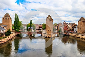 View on medieval bridge Ponts Couverts over the River Ill in Strasbourg, Alsace, France