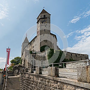 View of the medieval castle and clock tower in Rapperswil