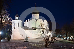 View of medieval church of Basil the Great on the Hill on February night. Pskov, Russia
