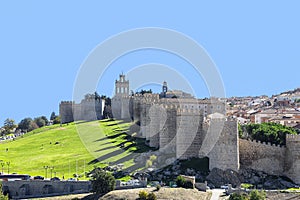 View of medieval city of Avila Walls between the gate del Carmen and the Cubo de San Segundo. This city was declared a UNESCO photo