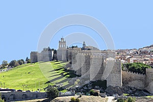 View of medieval city of Avila Walls between the gate del Carmen and the Cubo de San Segundo. This city was declared a UNESCO