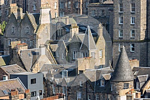 View medieval city of Scottish Edinburgh with rooftops and chimneys