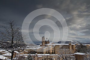 View of medieval city of Urbino with snow in winter