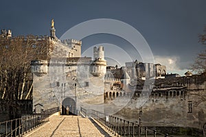 View of medieval city walls of Avignon from the Pont d` Avignon, France