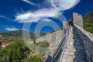 View of the medieval fortifications of the defensive wall, Ston, Dubrovnik area, Croatia