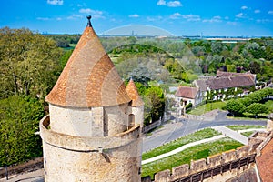 View of medieval French Blandy castle tower and walls