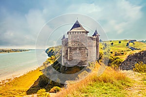 View of medieval half-ruined castle in Hotin