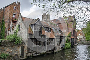 View of medieval houses in old historical town in Bruges, Belgium