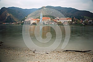 View of the medieval monastery Duernstein on the river Danube. Wachau valley, Lower Austria