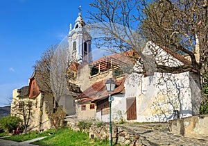 View of the medieval monastery Duernstein in the Wachau valley. Lower Austria