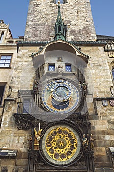 View of the medieval prague astronomical clock prague orloj on the tower of the old town hall on the Staromestskaya square in Pr