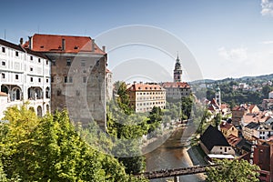 View of the medieval town of Cesky Krumlov with Krumlov Castle  city blocks and the Vltava River
