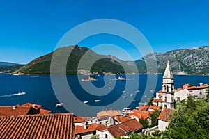 View from the medieval town Perast on the bay of Kotor with 2 small islands, Gospa od Škrpjela and Sveti ?or?e