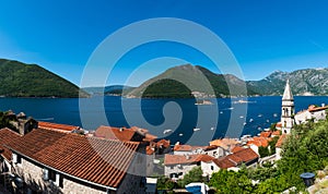 View from the medieval town Perast on the bay of Kotor with 2 small islands, Gospa od Škrpjela and Sveti ?or?e