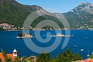 View from the medieval town Perast on the bay of Kotor with 2 small islands, Gospa od Å krpjela and Sveti ?or?e photo
