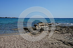 View of the Mediterranean coast in Pefkos or Pefki, Rhodes Island, Greece