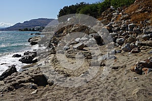 View of the Mediterranean coast in Pefkos or Pefki, Rhodes Island, Greece