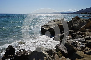 View of the Mediterranean coast in Pefkos or Pefki, Rhodes Island, Greece