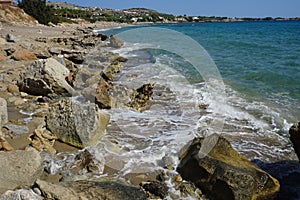 View of the Mediterranean coast in Pefkos or Pefki, Rhodes Island, Greece