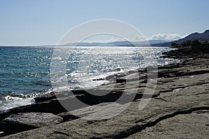 View of the Mediterranean coast in Pefkos or Pefki, Rhodes Island, Greece