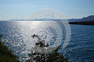 View of the Mediterranean coast in the vicinity of Pefki in August. Pefkos or Pefki, Rhodes Island, Greece