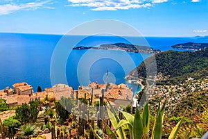 View of the Mediterranean coastline from top of the Eze village in French Riviera, France