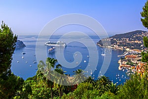 View of Mediterranean luxury resort and bay with yachts. Nice, Cote d`Azur, France. French Riviera - turquoise sea and perfect rec