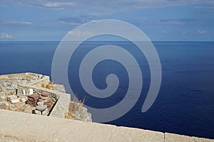 View of the Mediterranean Sea from the ancient Acropolis of Lindos. Rhodes Island, Dodecanese, Greece