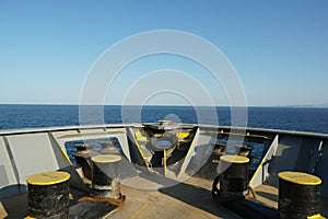 View on the Mediterranean Sea from forward mooring station on bow of the cargo container ship.