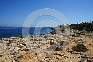 View of the Mediterranean Sea. Magnificent seascape. Qawra, St Paul`s Bay, Malta