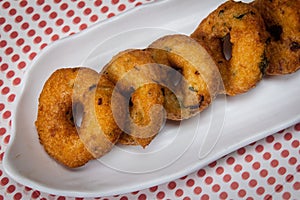 View of Medu Vada also known as Ulundu Vadai is a popular and traditional recipe of Tamil Nadu made with Urad dal