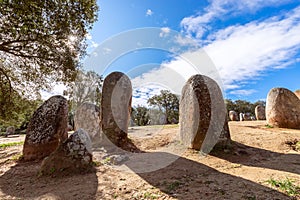 View of the megalithic complex Almendres Cromlech Cromelelique dos Almendres