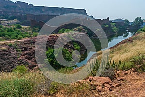 View of Mehrangarh fort from Rao Jodha desert rock park, Jodhpur, India.