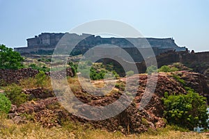 View of Mehrangarh fort from Rao Jodha desert rock park, Jodhpur, India.