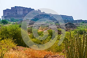 View of Mehrangarh fort from Rao Jodha desert rock park, Jodhpur, India.